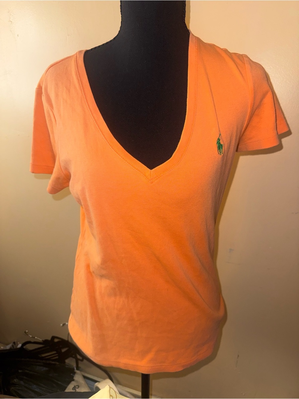 Ralph Lauren Orange V-Neck Short Sleeve Tee with Green Pony